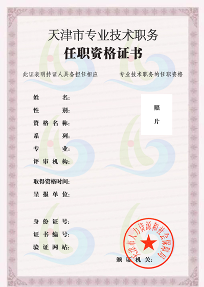 天津市專業(yè)技術(shù)職務(wù)任職資格電子證書(shū)樣式 天津市專業(yè)技術(shù)職務(wù)任職資格電子證書(shū)樣式