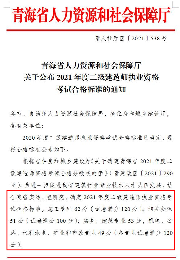 青海省人力資源和社會(huì)保障廳關(guān)于公布2021年度二級(jí)建造師執(zhí)業(yè)資格考試合格標(biāo)準(zhǔn)的通知 青海省人力資源和社會(huì)保障廳關(guān)于公布2021年度二級(jí)建造師執(zhí)業(yè)資格考試合格標(biāo)準(zhǔn)的通知